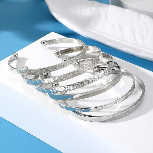 SILVER Bangles for Women, Open Adjustable Bangle Bracelets Multi Layer​ - Picture 5 of 9